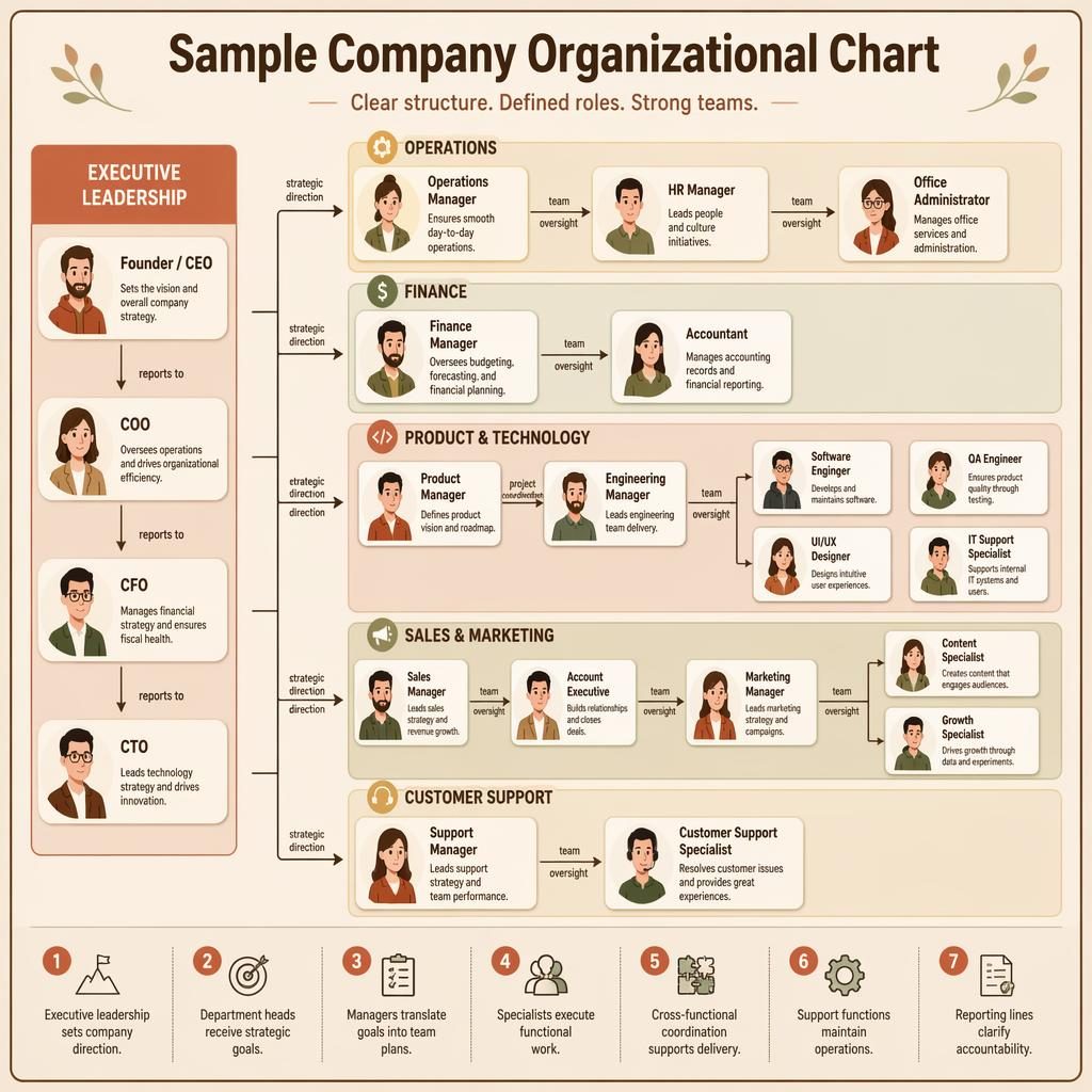 Left-to-right sample company organizational chart with grouped departments, avatar boxes, arrows, and a 1-7 legend.