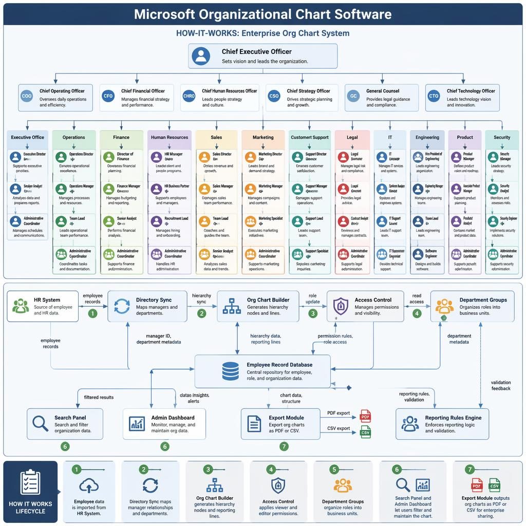 Enterprise org chart infographic with department grids, reporting arrows, system modules, and a 1-7 workflow legend.