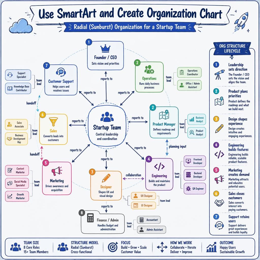 Radial startup org chart infographic with Startup Team hub, role pills, labeled reporting lines, and 1-7 legend.