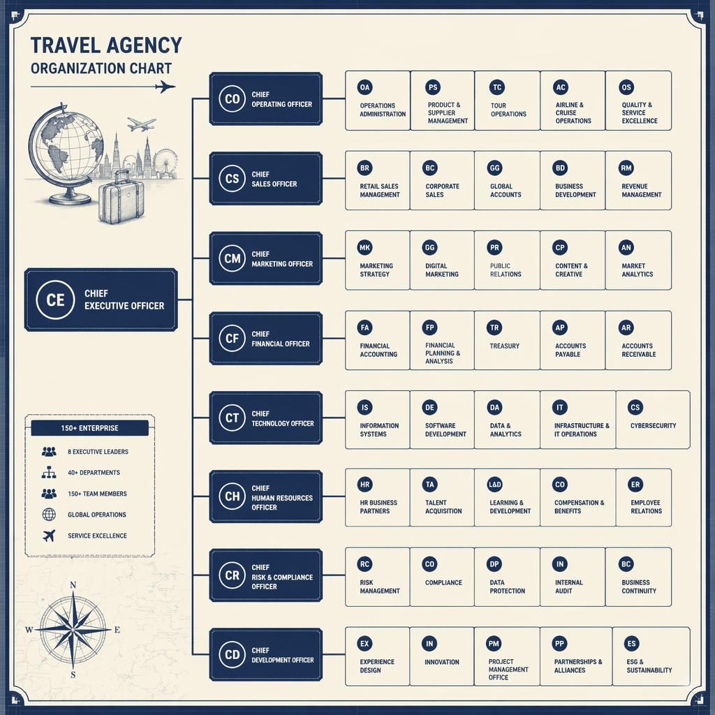 Blueprint-style left-to-right travel agency organization chart with grouped departments, reporting lines, and circle initials avatars.