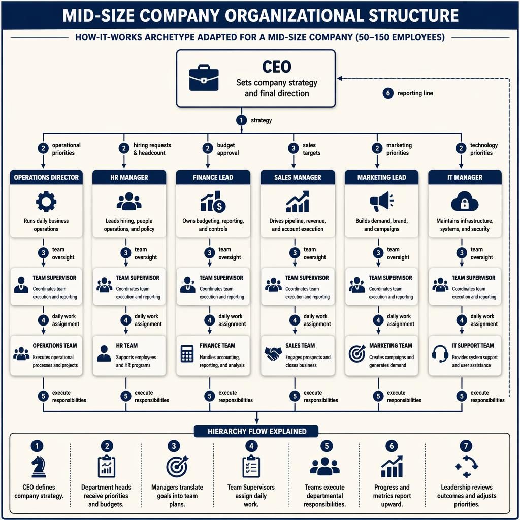 Infografica gerarchica top-down di organizzazione aziendale con CEO, reparti, team e frecce di riporto in stile corporate.