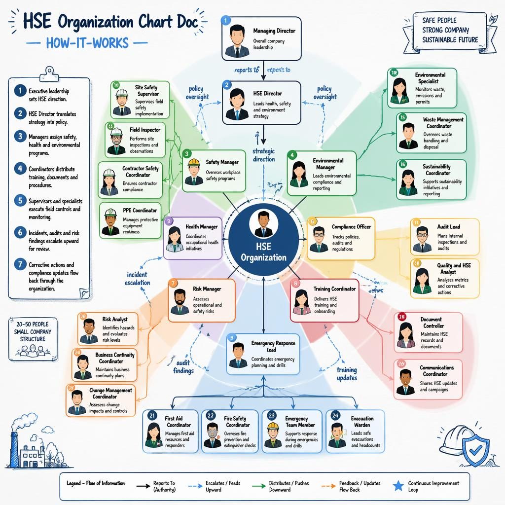Radial HSE organization chart infographic with labeled role boxes, avatar icons, reporting arrows, legend, and blue grouped departments.
