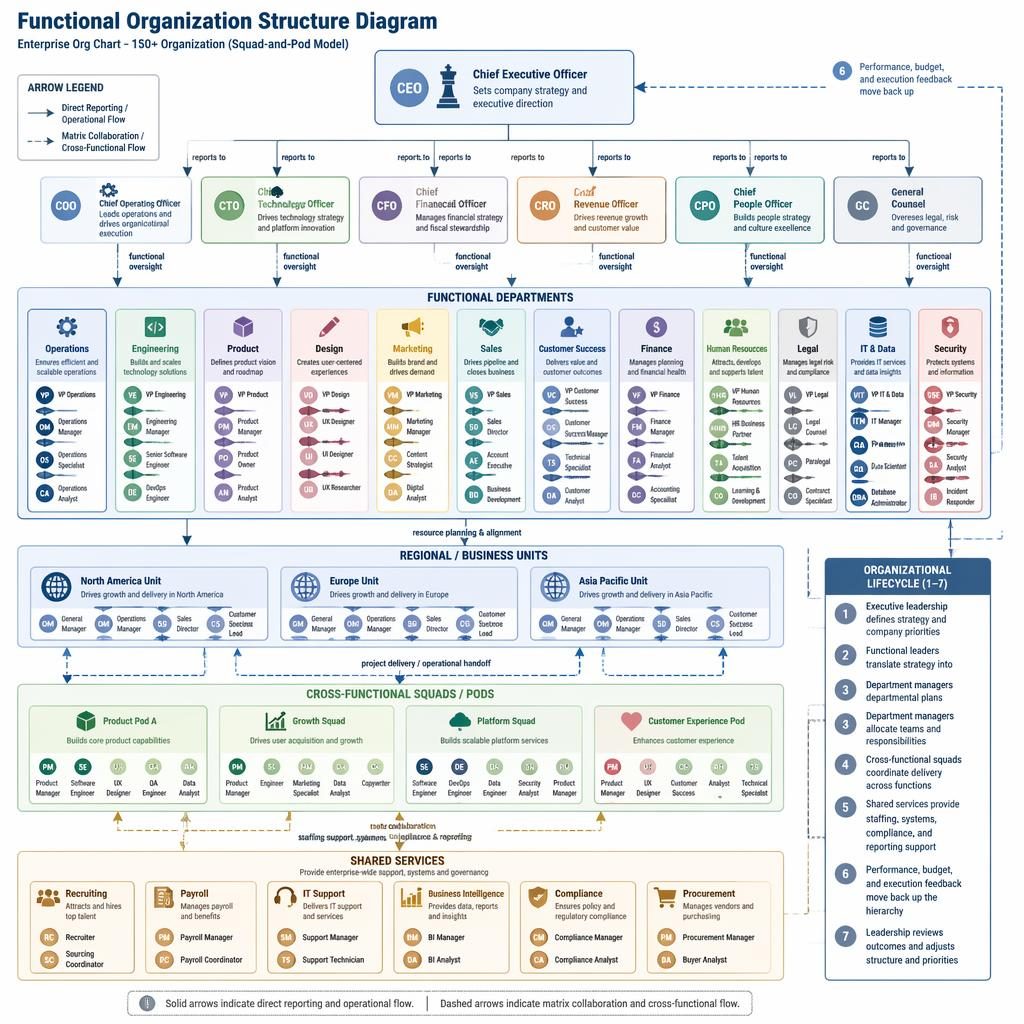 Enterprise functional organization structure diagram with executive tiers, departments, shared services, and squads.