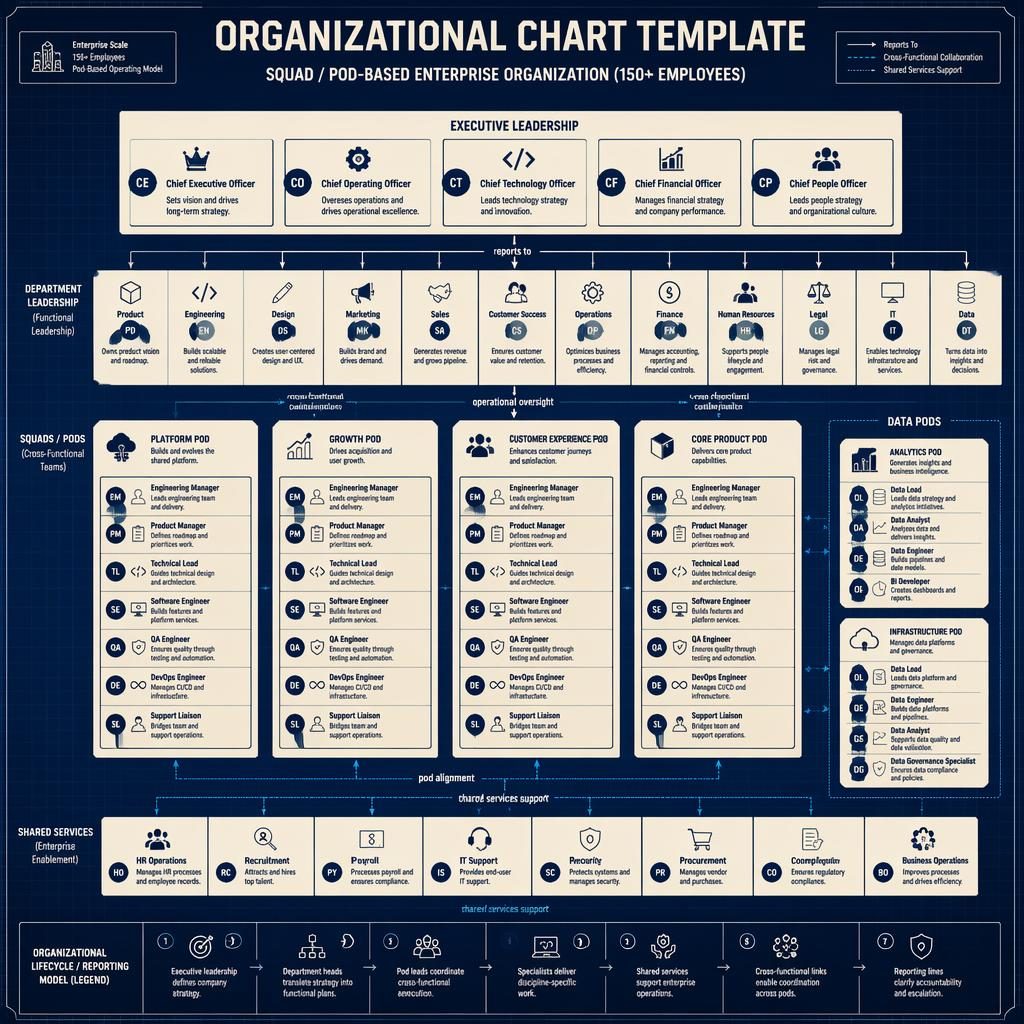 Blueprint-Infografik mit hierarchischem Organigramm Vordruck für Enterprise-Squads, Pods, Abteilungen und Führungsebenen.