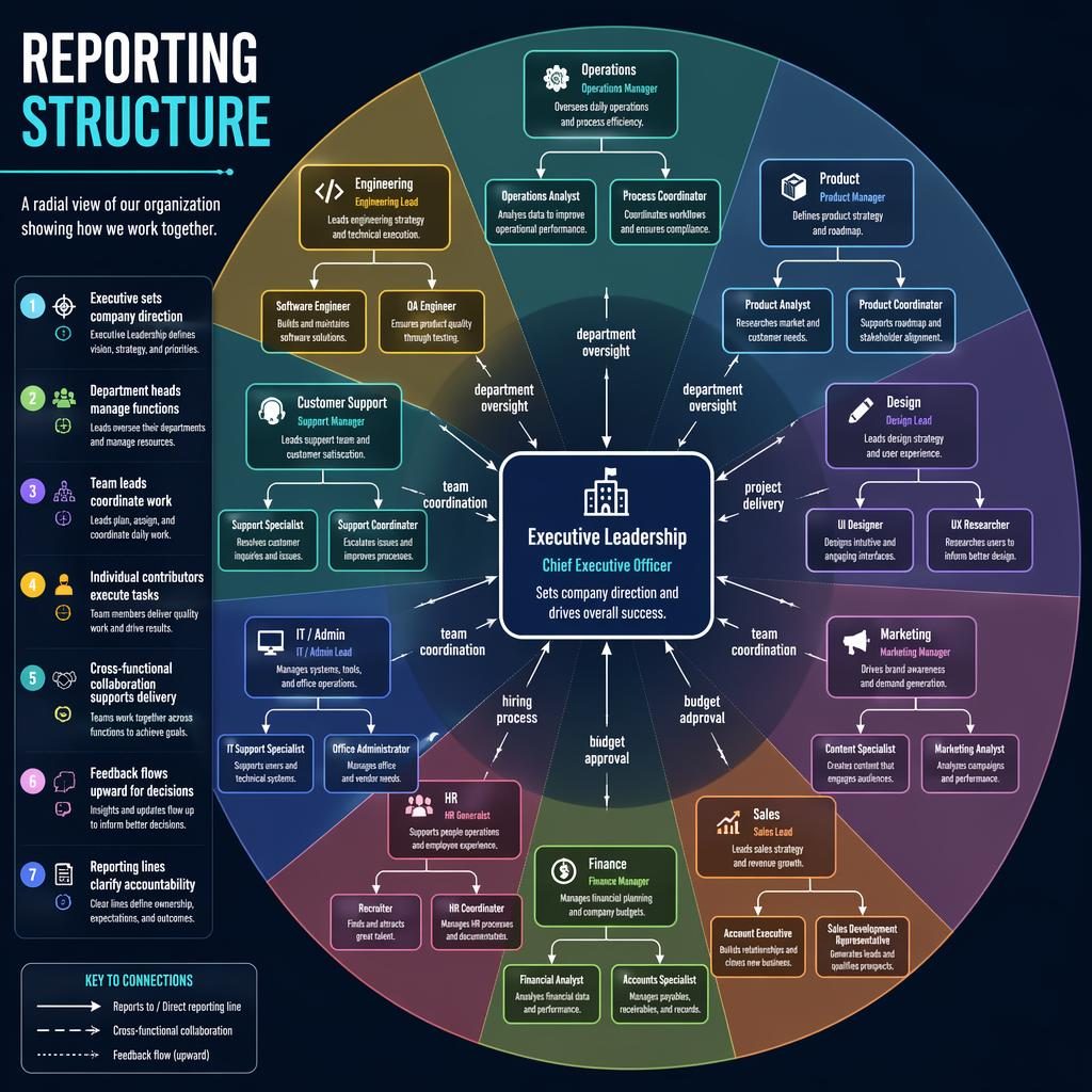 Radiale Reporting-Struktur mit Executive Leadership im Zentrum, Abteilungen außen, Boxen, Pfeilen, Icons und Legende 1–7.