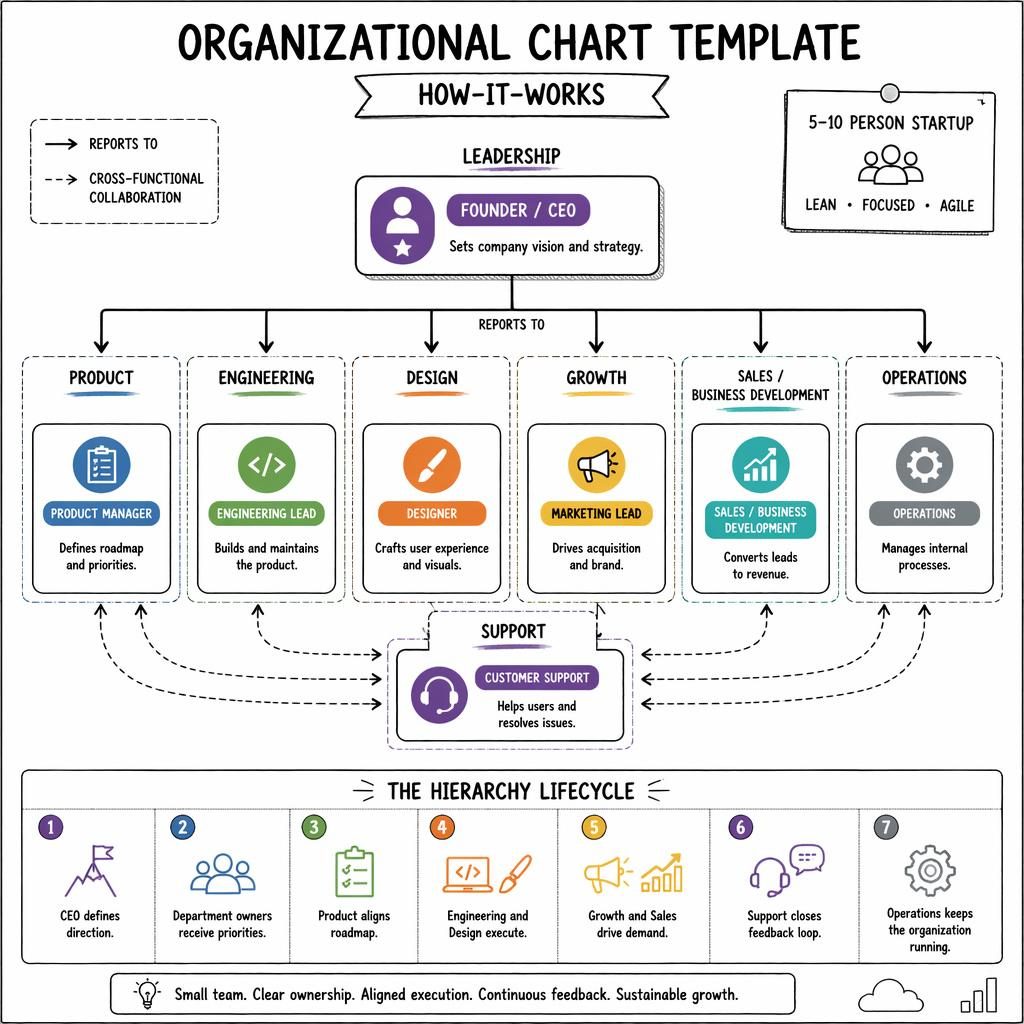 Infografía de organigrama template para startup con cajas por rol, flechas jerárquicas, departamentos y leyenda numerada.