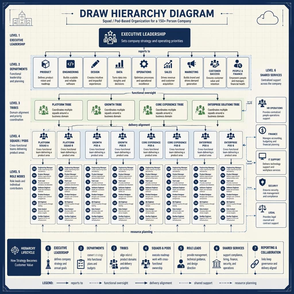 Blueprint-style enterprise org chart showing executive leadership, departments, tribes, squads, pods, roles, arrows, and legend.
