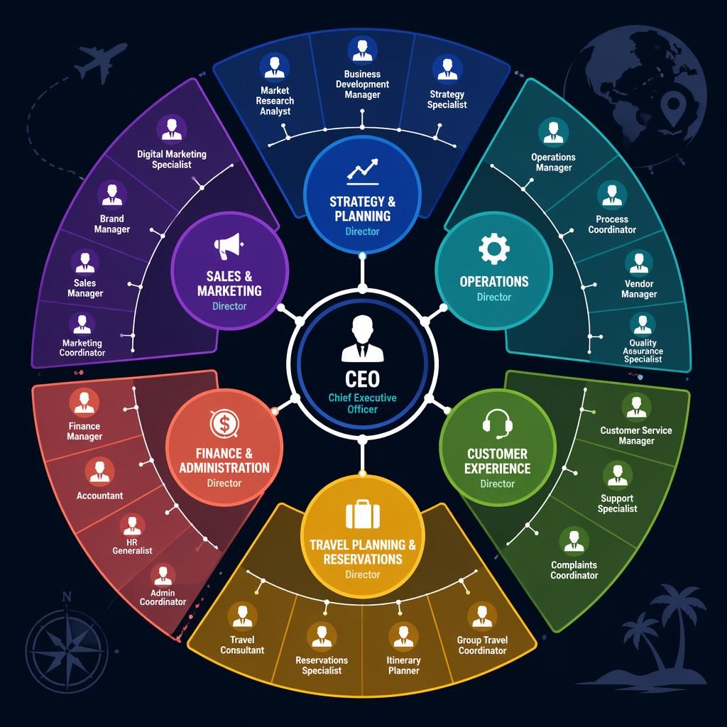 Radial sunburst travel agency organization chart with grouped departments, sharp role titles, and silhouette monogram avatars.