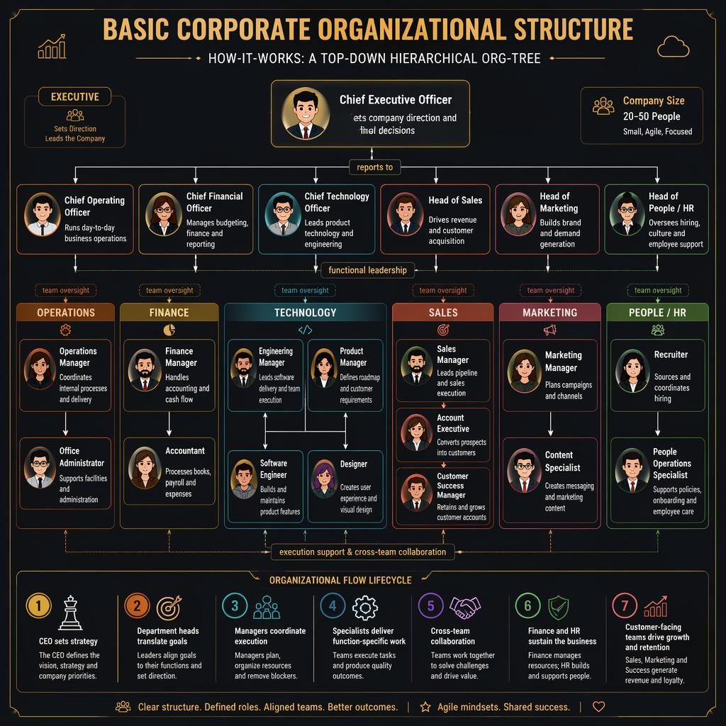 Top-down org chart infographic with CEO, department heads, managers, staff nodes, avatar icons, arrows, legend, and grouped panels.