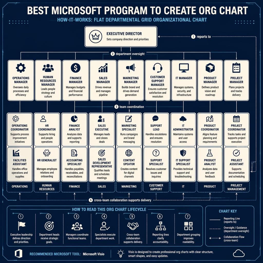Blueprint-style org chart infographic showing executive, department heads, and team roles in labeled boxes with reporting lines.