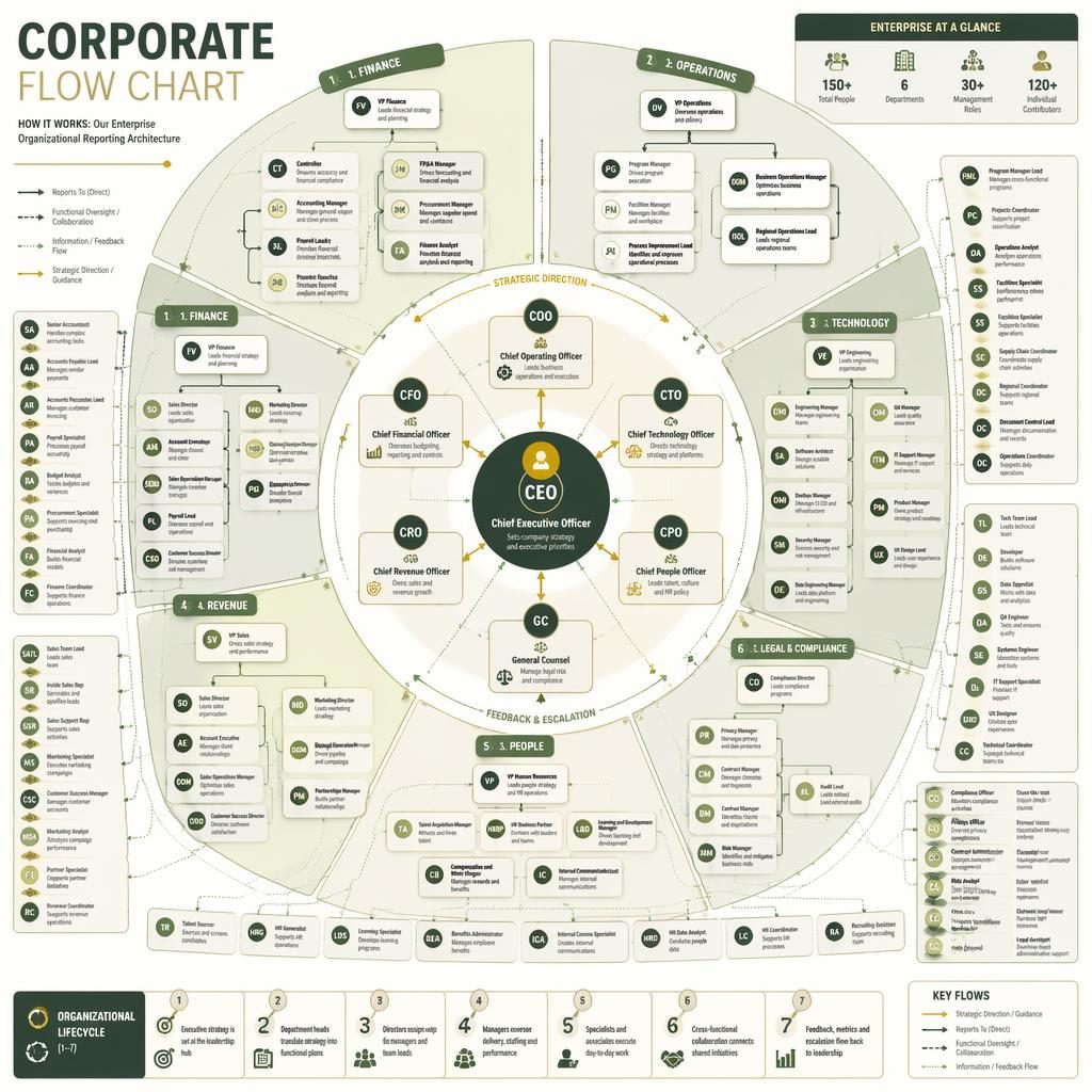 Radial corporate flow chart infographic with CEO center, executive rings, department clusters, arrows, legend, and sage tones.