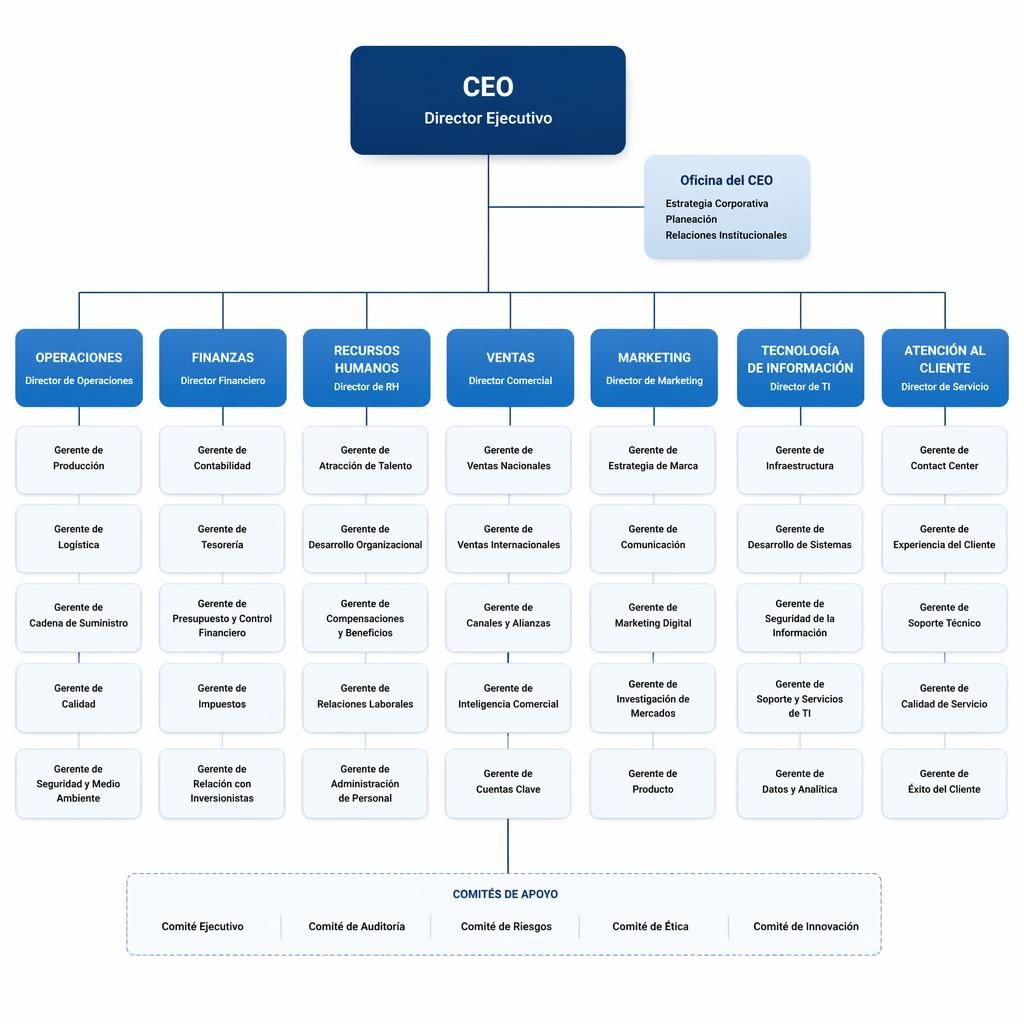 Infografía corporativa con organigrama de una empresa, CEO arriba y departamentos agrupados con líneas jerárquicas.