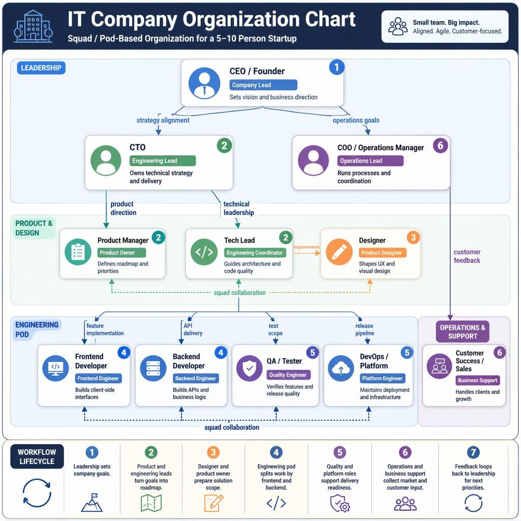 Corporate infographic showing a top-down IT company organization chart with leadership, product, engineering, and support pods.