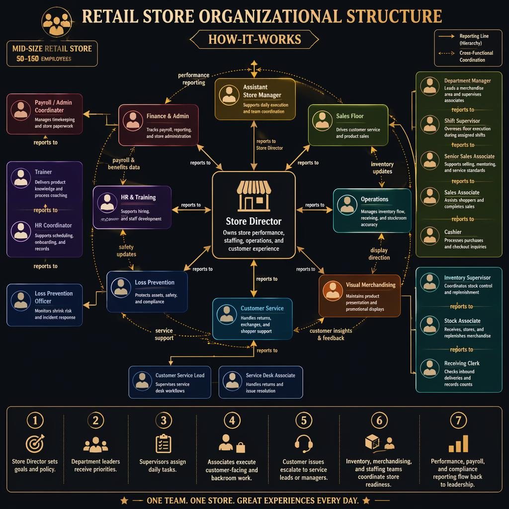 Radial retail store organizational structure infographic with Store Director center hub, department rings, labeled role boxes, arrows, and legend.