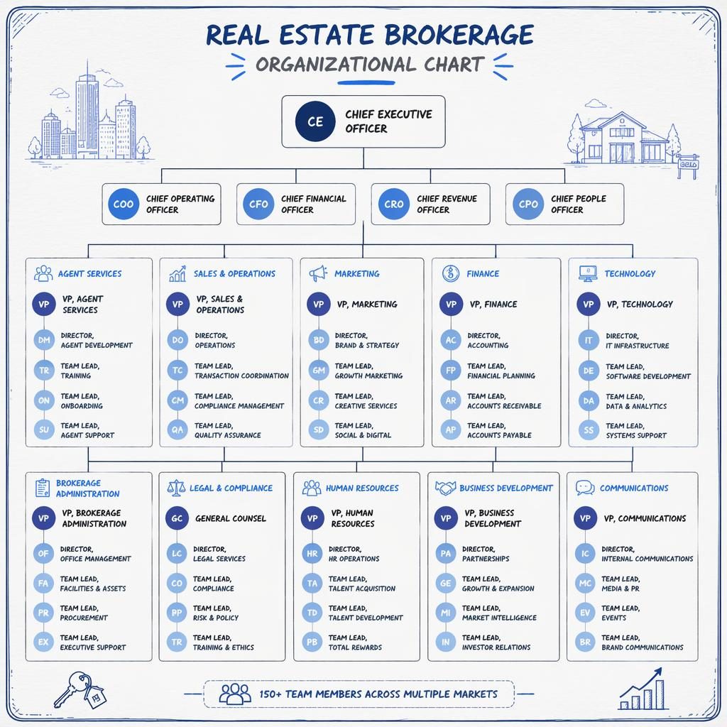 Sketchnote-style top-down org chart for a large real estate brokerage, with blue grouped departments and circle initials.