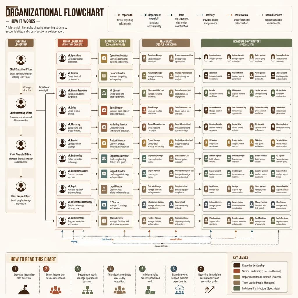 Left-to-right organizational flowchart infographic with department clusters, role boxes, reporting lines, legend, and warm earth tones.