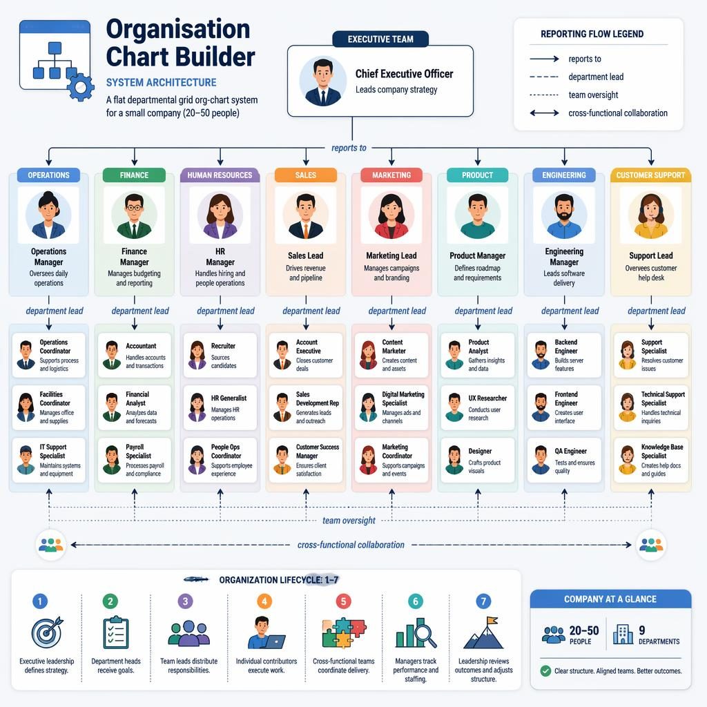 Flat org chart infographic with 9 departments, avatar role boxes, reporting lines, and a 1-7 legend for company structure