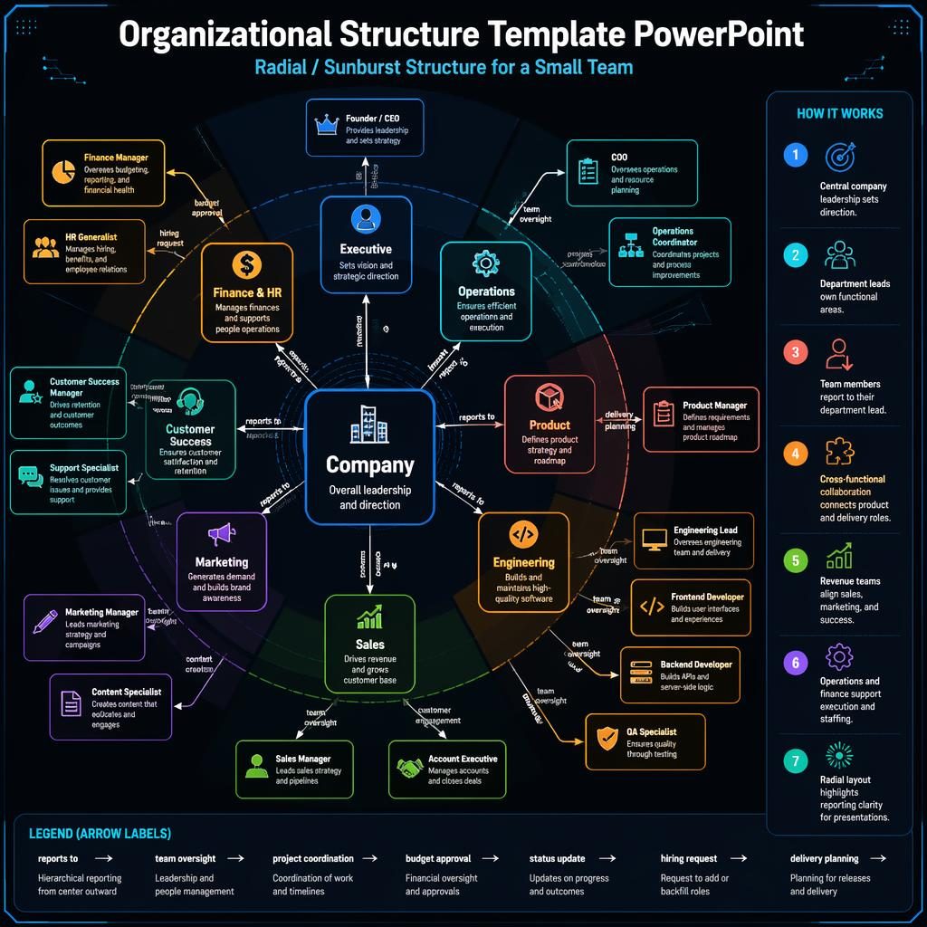 Radial org chart infographic with Company hub, department boxes, role nodes, arrows, legend, and neon colors on charcoal.