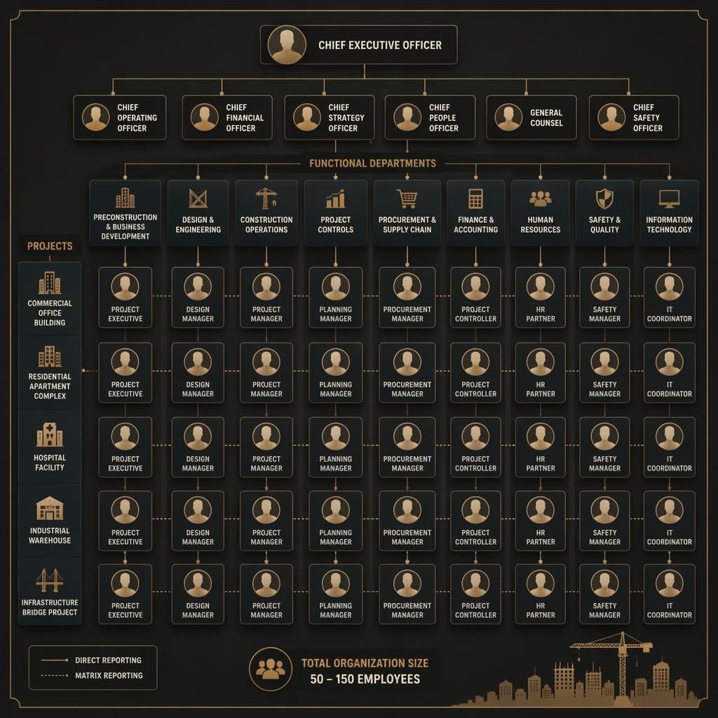 AI org chart infographic for a construction company with matrix layout, grouped departments, sharp role titles, and dark warm dashboard styling.