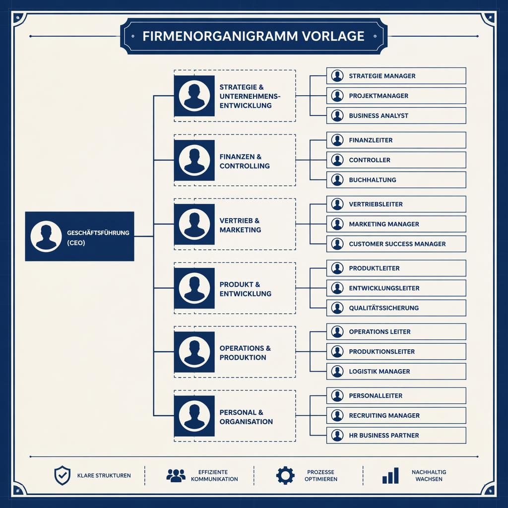 Blueprint-Organigramm in Navy und Creme mit links-nach-rechts Baumstruktur, Abteilungsgruppen und Platzhalter-Rollen.