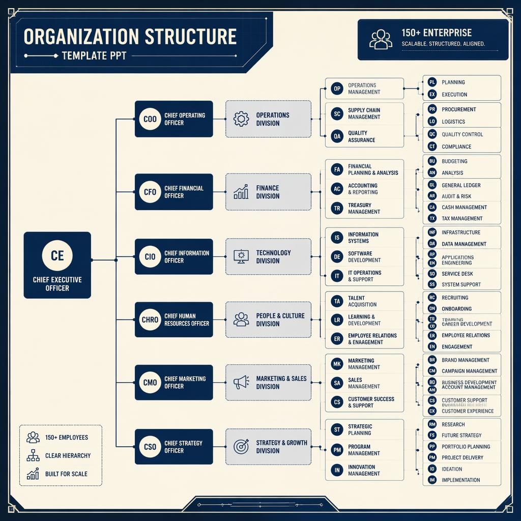 Blueprint-style left-to-right org chart with grouped departments, circle initial avatars, and navy cream hierarchy lines.