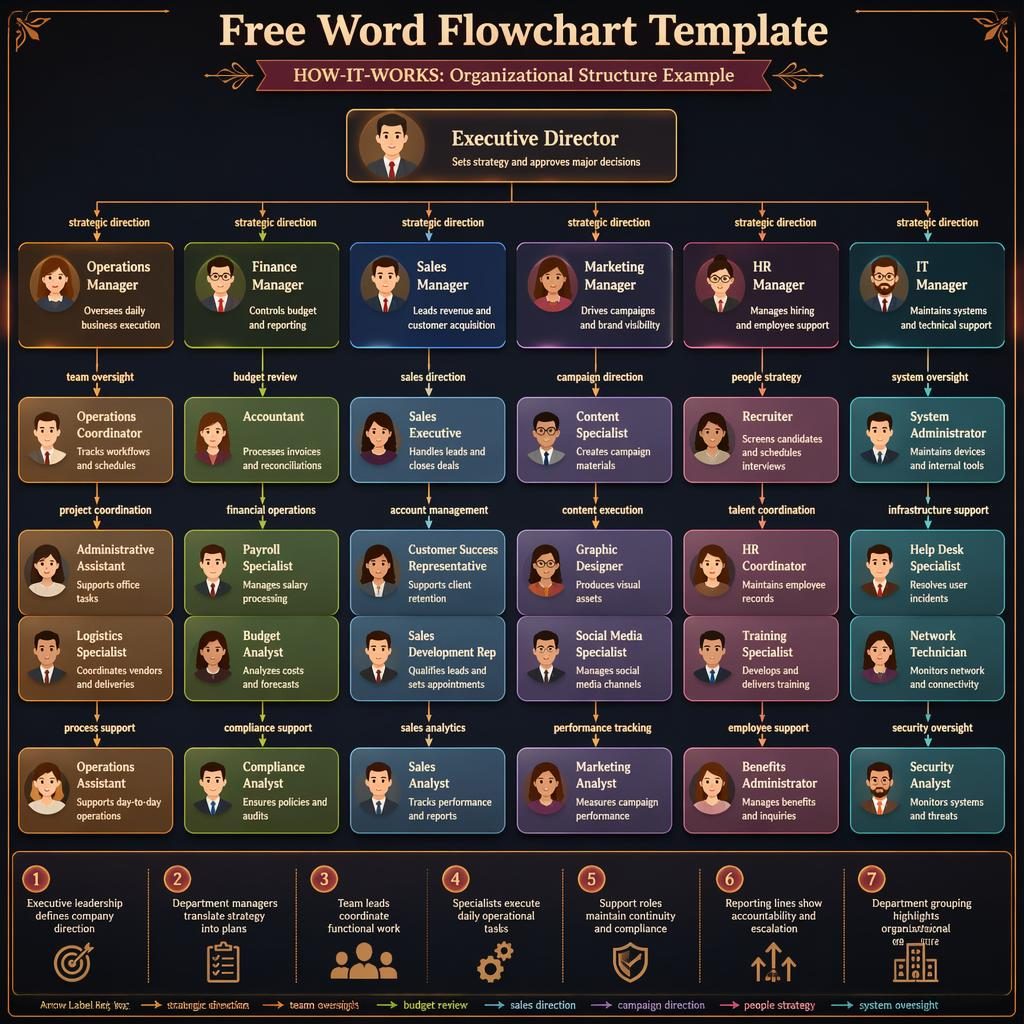 Infographie organigramme hiérarchique top-down avec 20 à 50 rôles, avatars illustrés, départements et flèches de reporting.