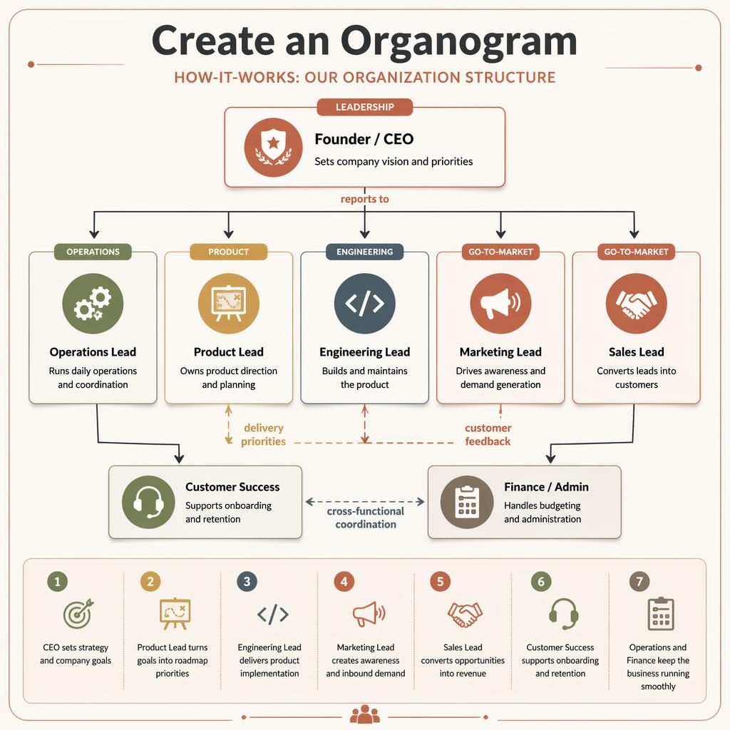 Flat startup organogram infographic with leadership, department leads, role boxes, arrows, legend, and warm earth colors.