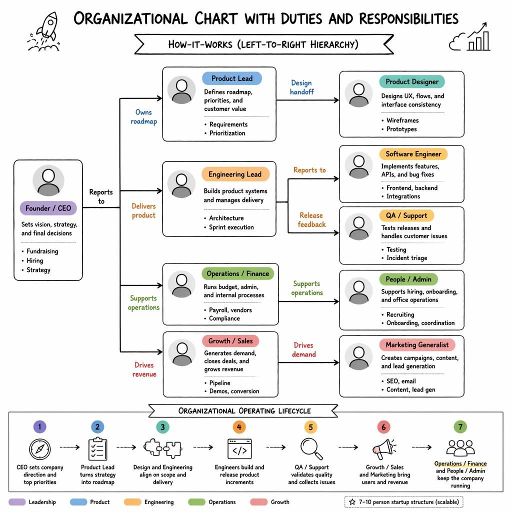 Whiteboard-style startup organizational chart with duties and responsibilities, role boxes, reporting lines, legend, and duty labels.