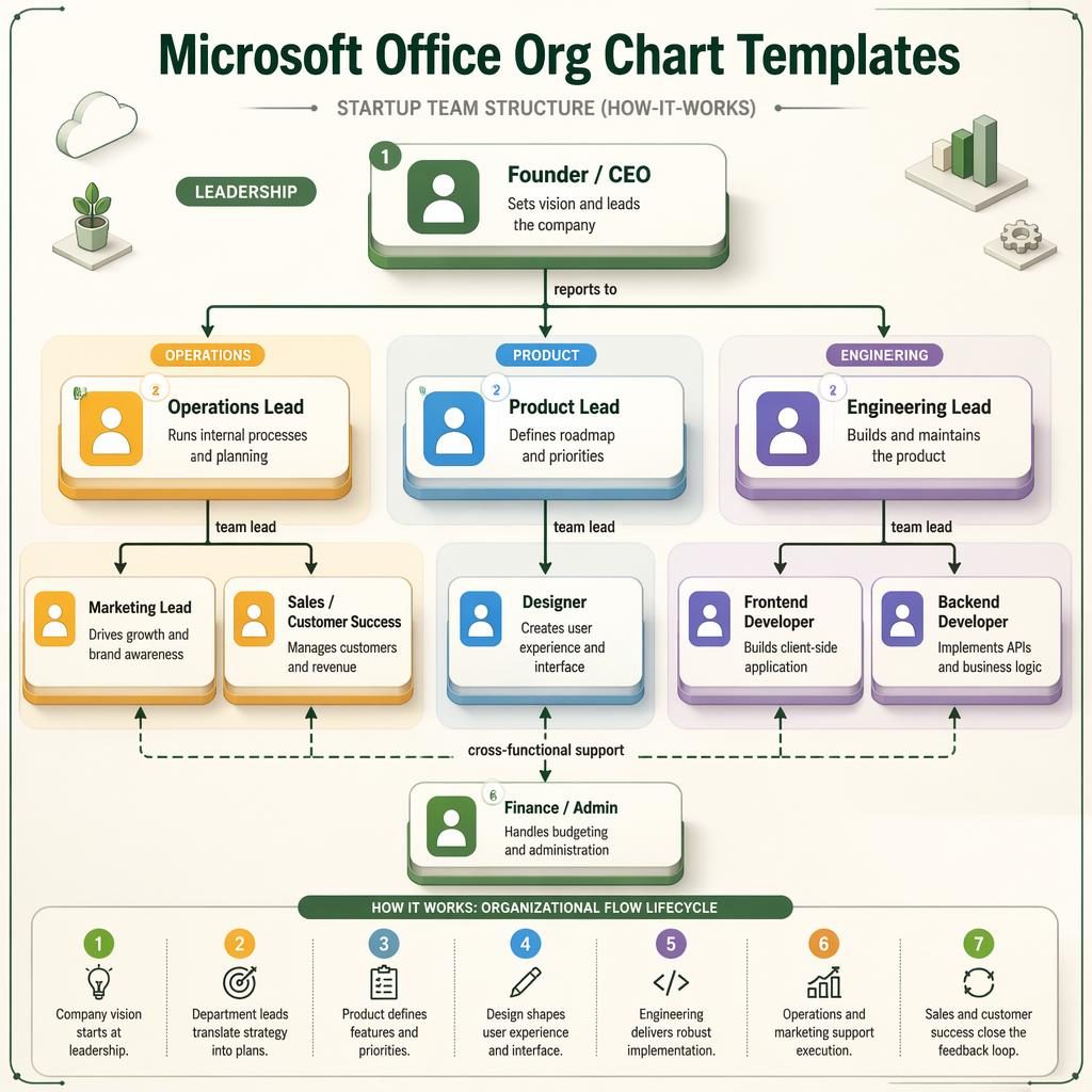 Isometric startup org chart infographic with CEO, department leads, developers, designer, marketing, sales, and legend.