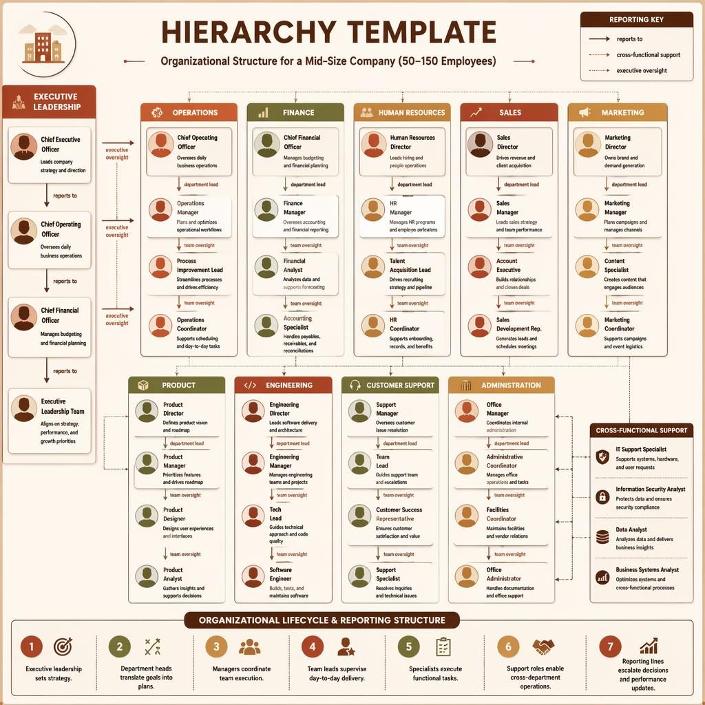 Technische Organigramm-Infografik mit Hierarchie Vorlage, Abteilungen, Boxen, Pfeilen, Legende und warmen Erdtönen.