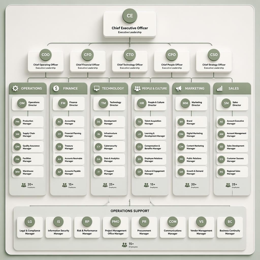 Isometric 3D top-down employee structure chart with grouped departments, sharp role nodes, reporting lines, and initials avatars.