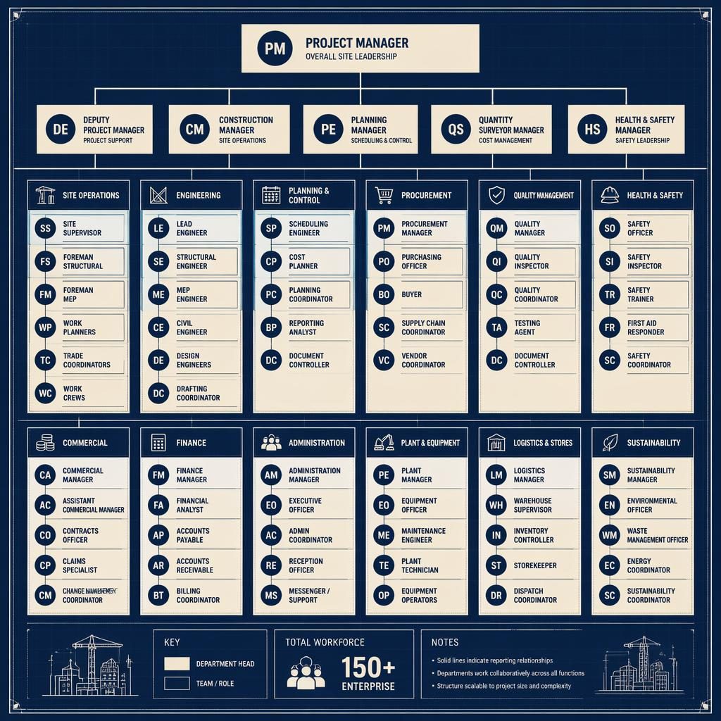Blueprint-style org chart showing a flat departmental grid for a construction site hierarchy chart in navy and cream.