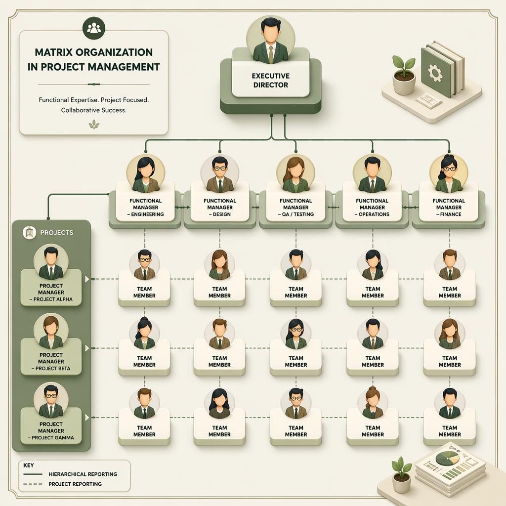 Isometric 3D matrix org chart with illustrated cartoon avatars, grouped departments, and reporting lines in sage and warm white.
