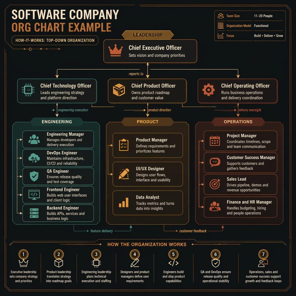 Top-down software company org chart example with leadership, engineering, product, and operations boxes linked by arrows.