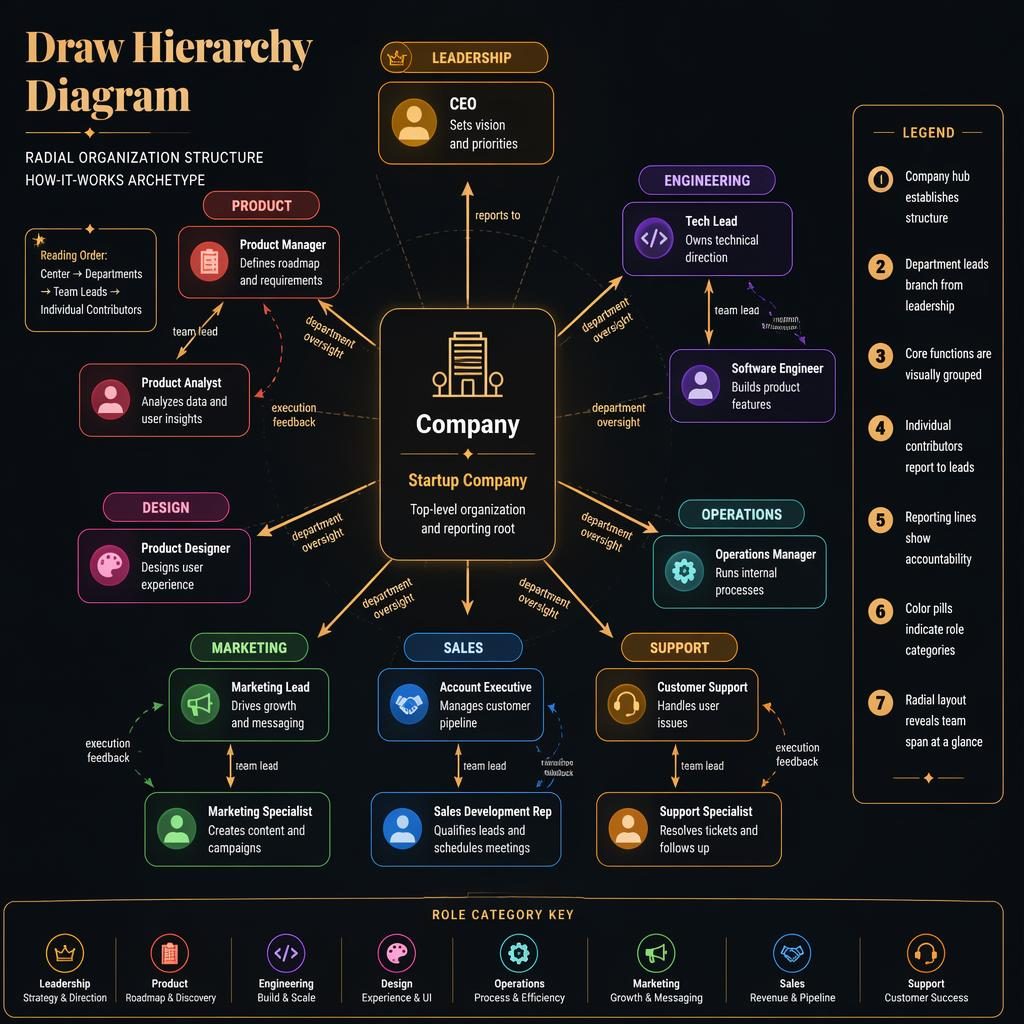 Radial startup org chart infographic with company hub, department leads, role nodes, arrows, and numbered legend.