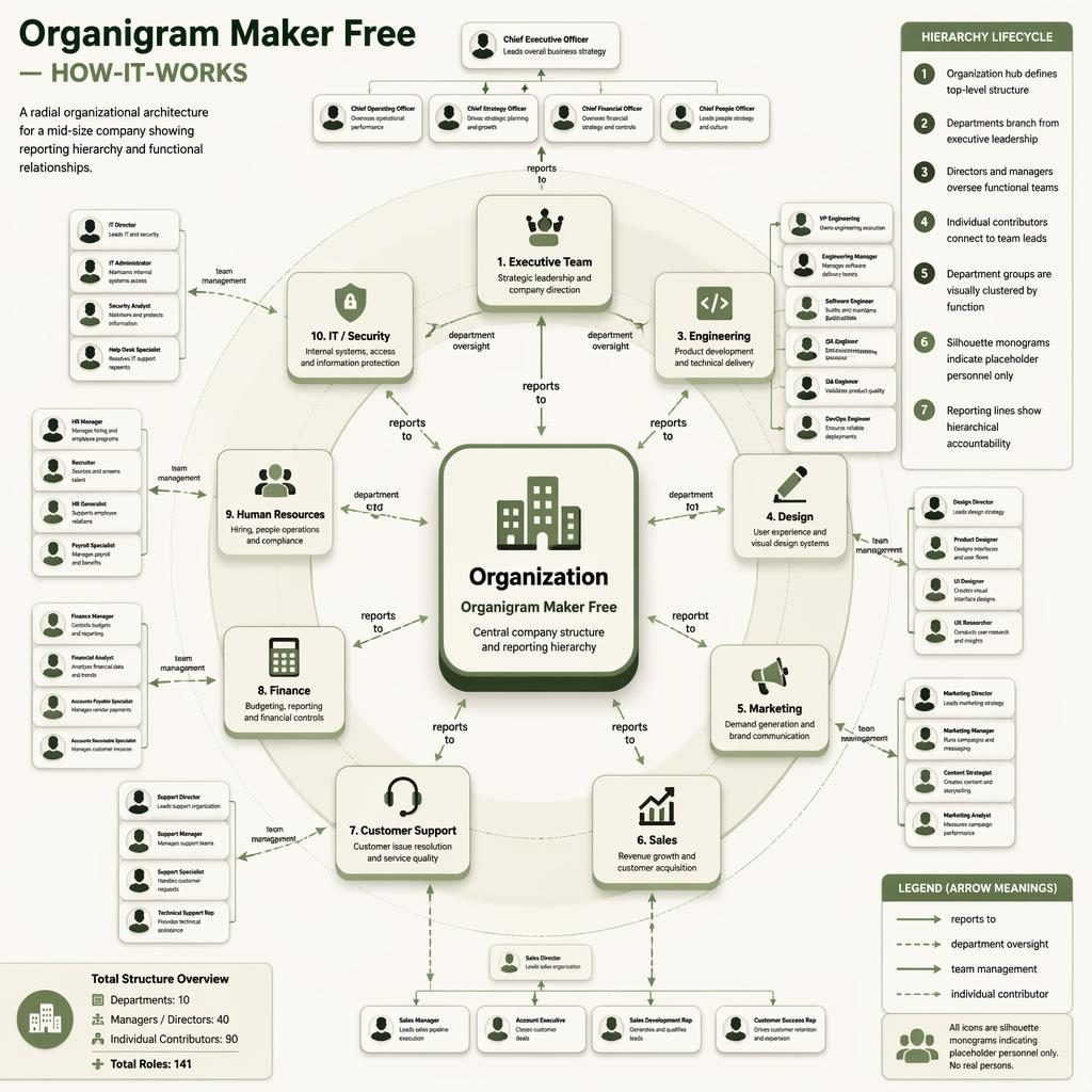 Isometric radial org chart infographic for a mid-size company with central Organization hub, 10 departments, many role nodes, arrows, and legend.