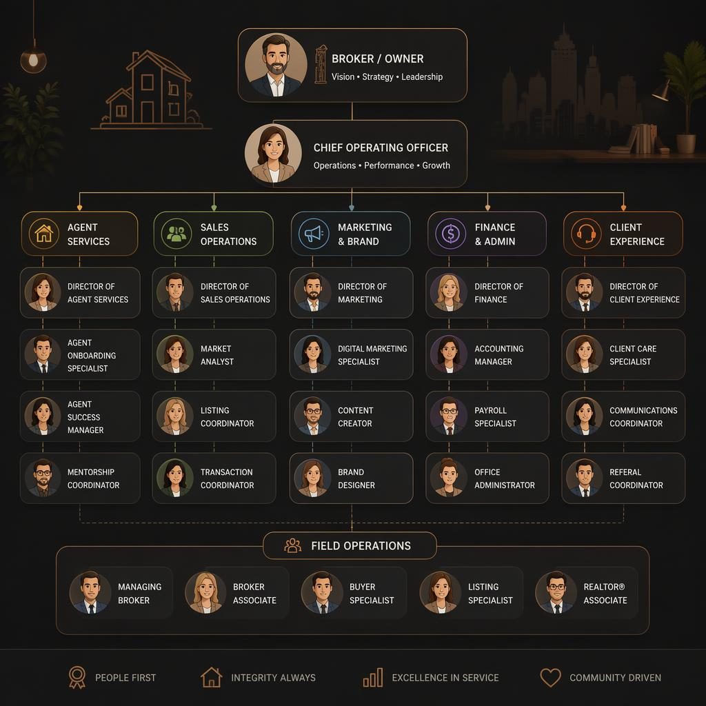 Top-down org chart for a real estate brokerage with grouped departments, sharp role labels, and cartoon avatars.