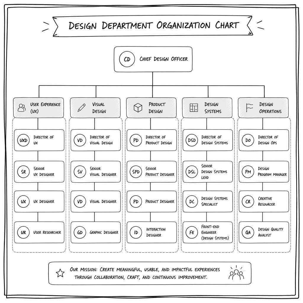Hand-drawn whiteboard-style design department organization chart with grouped roles, initials in circles, and reporting lines.