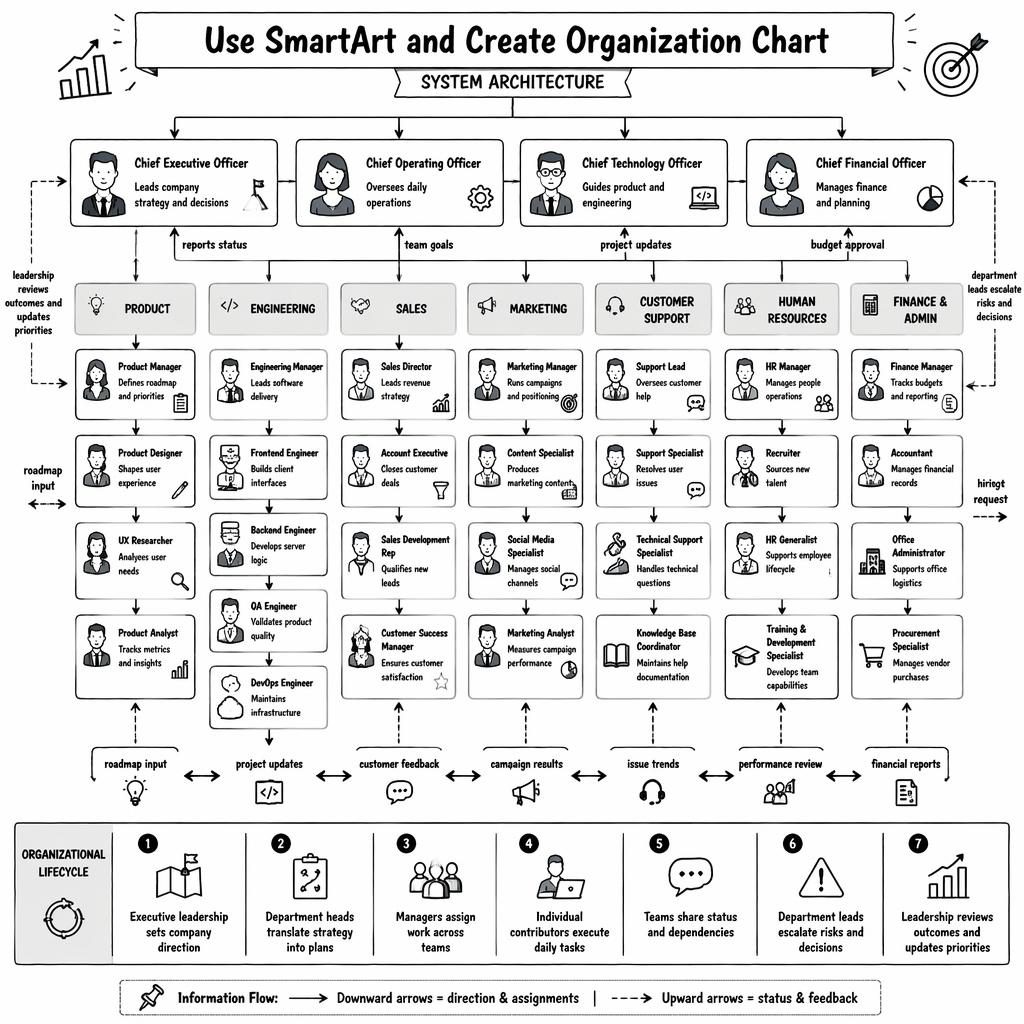 Monochrome org chart infographic with executive team, department boxes, arrows, avatars, and a 1-7 legend.