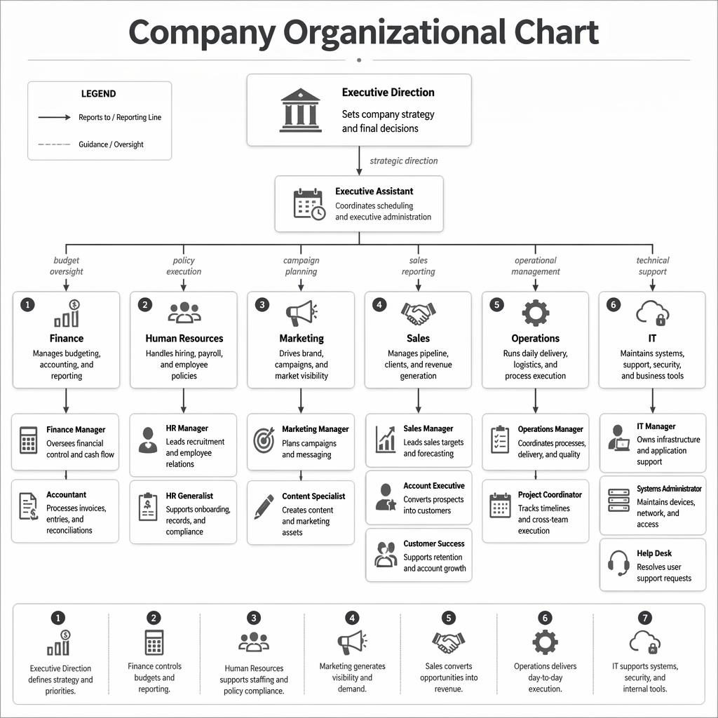 Infographie d’organigramme entreprise en arbre hiérarchique, avec directions, départements et équipes reliés par lignes.