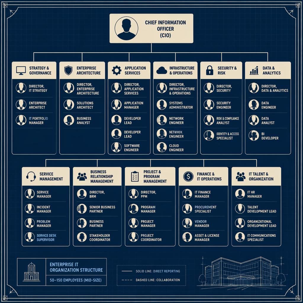 Blueprint-style org chart showing an enterprise IT organization structure in a flat departmental grid with grouped roles.