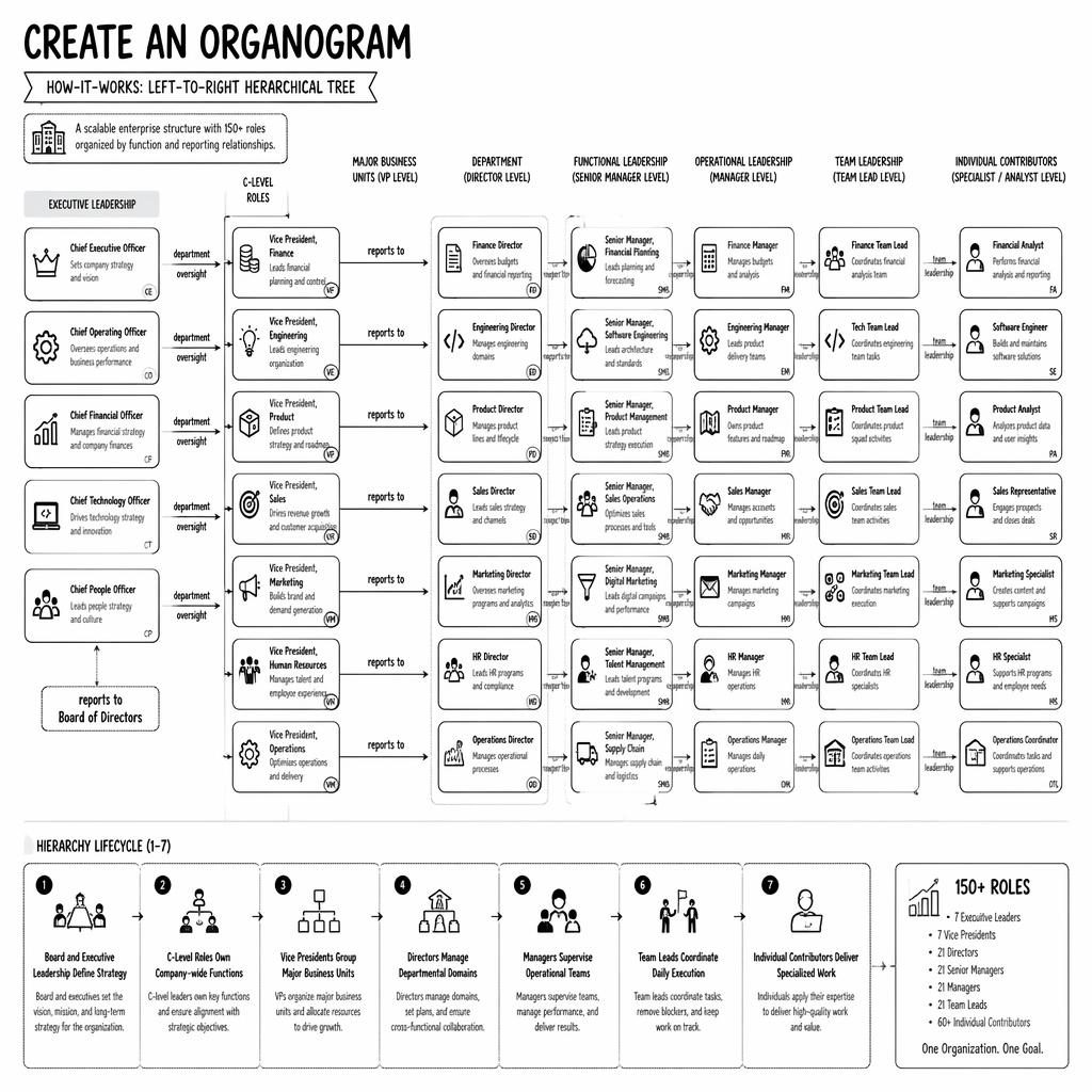Left-to-right enterprise organogram infographic with grouped departments, role boxes, arrows, avatars, icons, and 1-7 legend.