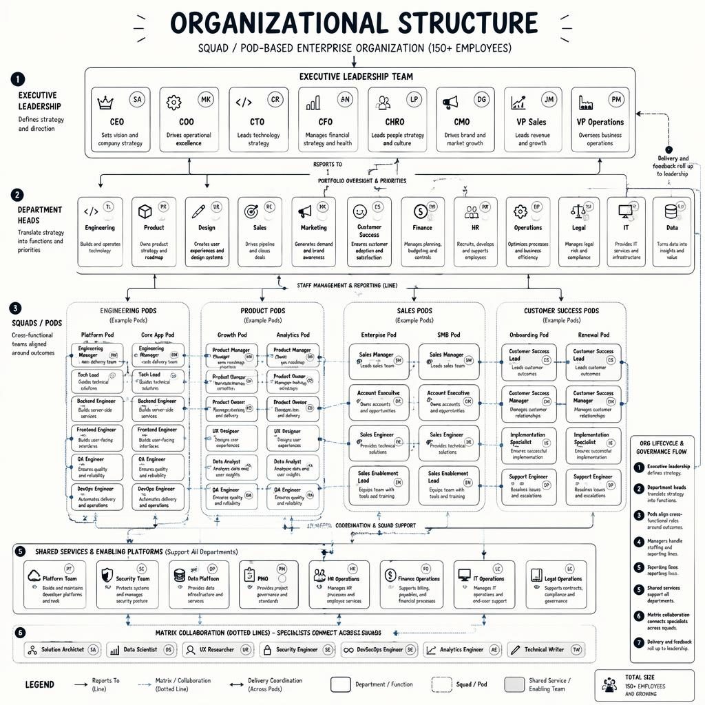 Ruční whiteboard infografika zobrazuje hierarchickou organizacna struktura firmy s vedením, odděleními, squady a šipkami.