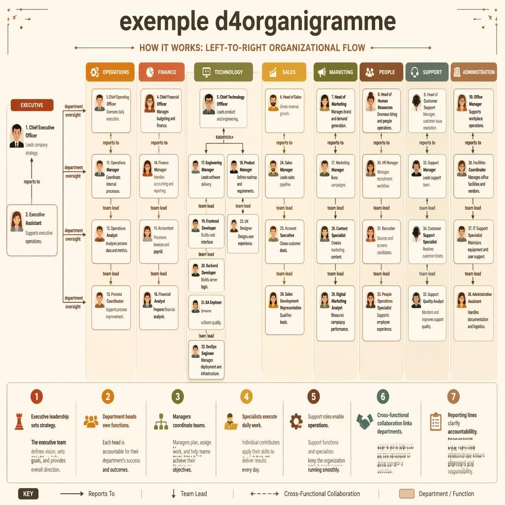 Infographie d4organigramme tech gauche à droite avec départements, avatars cartoon, boîtes reliées par flèches