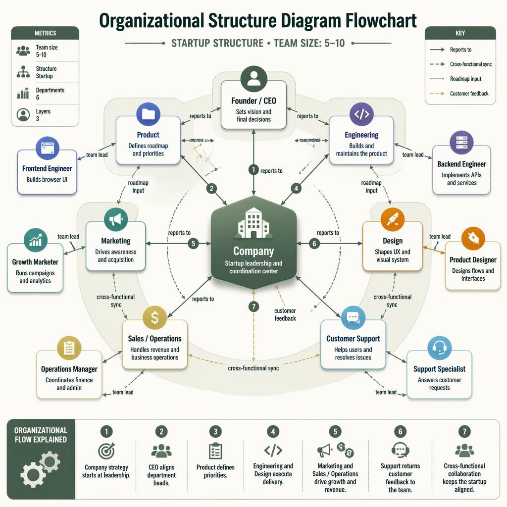 Isometric radial startup org chart infographic with Company hub, CEO, departments, contributors, arrows, legend, and sage tones.