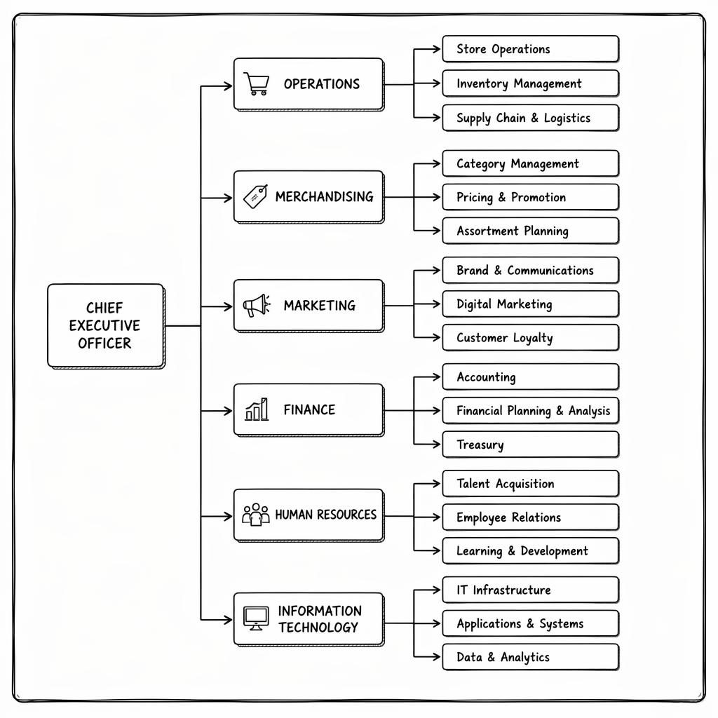 Hand-drawn whiteboard-style left-to-right organizational chart for supermarket chain with grouped text-only role nodes.
