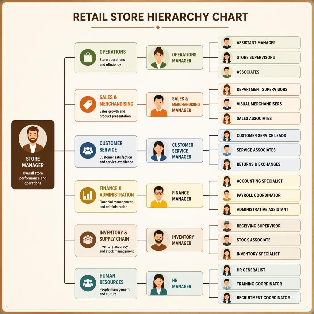 Left-to-right retail store hierarchy chart with grouped departments, cartoon avatars, sharp role titles, and warm earth tones.