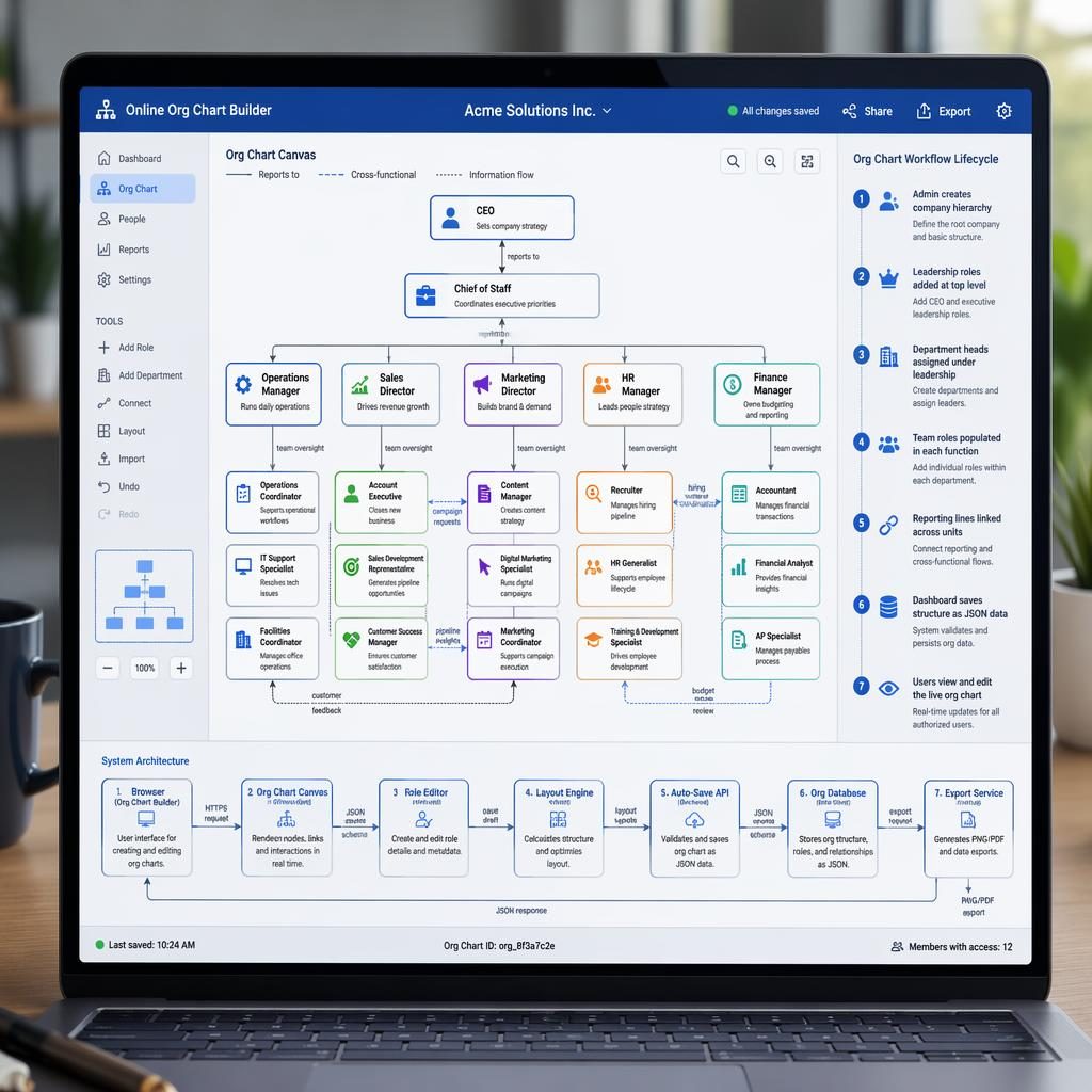 Écran d’ordinateur portable montrant un organigramme en ligne SaaS avec arborescence, rôles d’équipe et modules système.
