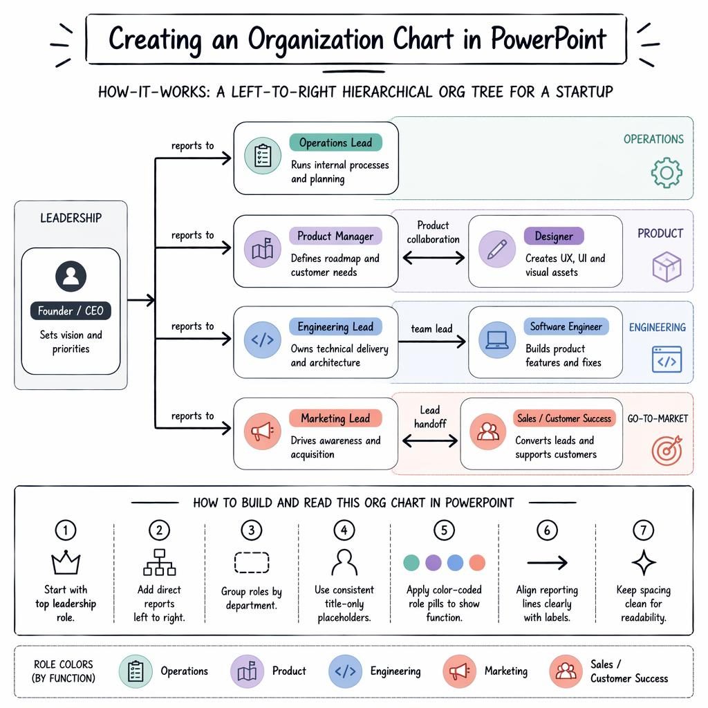 Left-to-right startup org chart infographic with role boxes, arrows, department groups, and a 1-7 PowerPoint legend.