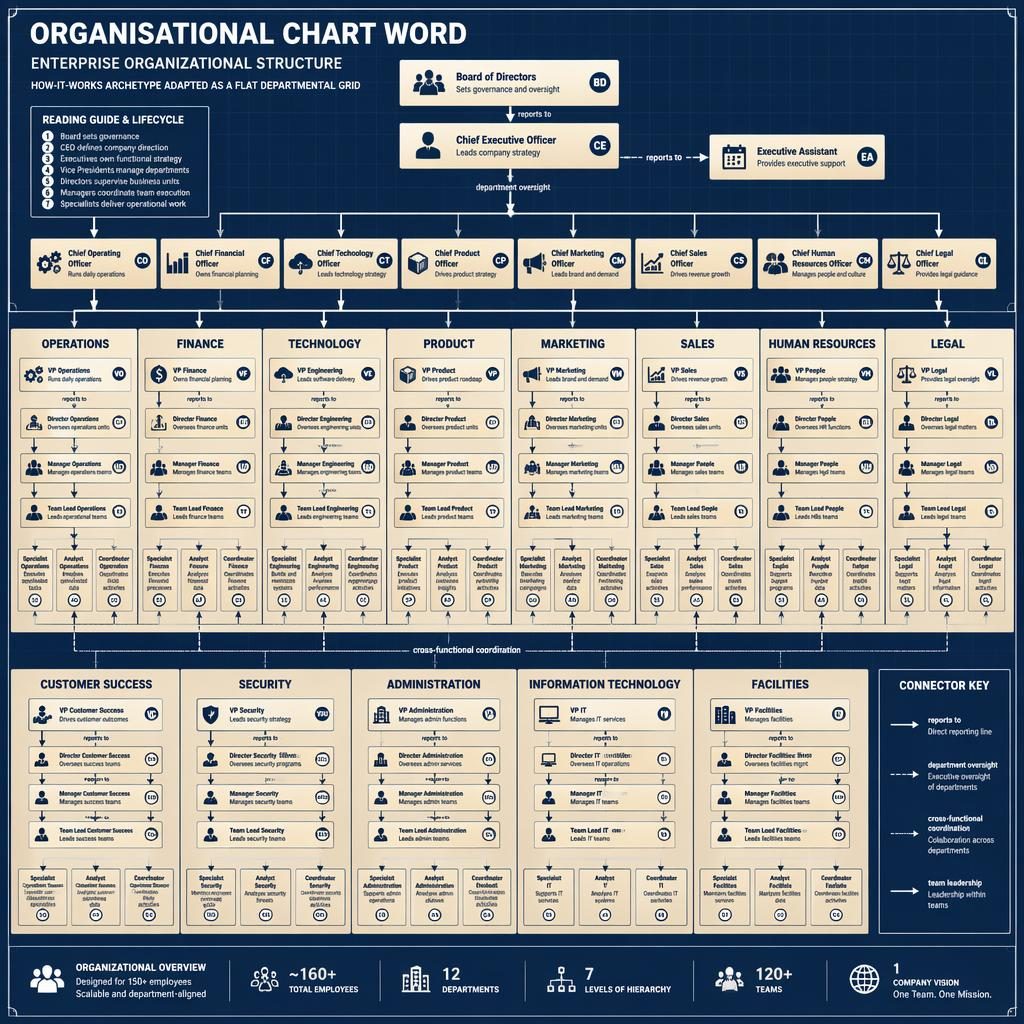 Blueprint-style enterprise organisational chart word infographic with departmental boxes, arrows, legend, and hierarchy grid.